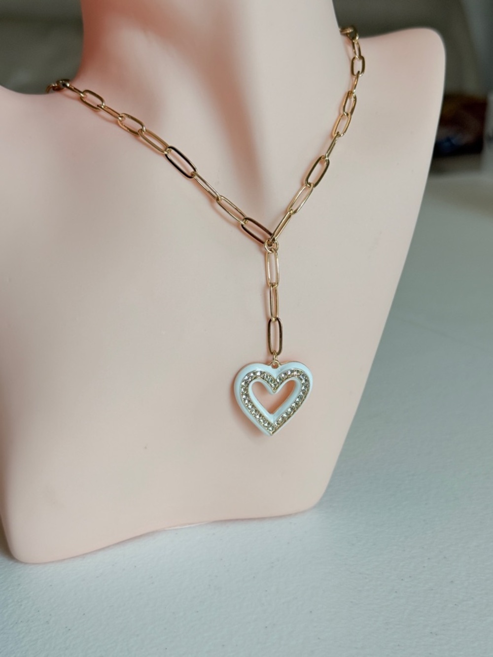 Gold-Tone Chain Necklace with White Heart Pendant - Picture 4 of 9